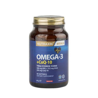 Nutraxin Omega-3 + CoQ10: Boost Heart & Brain Health - High Absorption Fish Oil Supplement with EPA & DHA Fatty Acids, Energy & Antioxidant Support Nutraxin Omega-3 + CoQ10: Heart & Brain Support Omega-3 supplement, CoQ-10 supplement, Fish oil capsules, EPA DHA supplement, Omega-3 fatty acids, Coenzyme Q-10, Cardiovascular support, Brain health supplement, Nutraxin Omega-3, Omega 3 softgel, heart health, brain health, antioxidant, energy, essential fatty acids, dietary supplement, health-conscious, adults, 