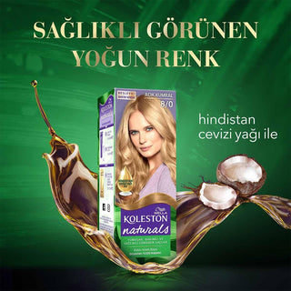 Wella Koleston Naturals Hair Color 8/0, Wella hair color packaging with instructions, Hair color components with coconut oil care, Before and after results of hair coloring Wella Koleston Naturals Hair Color - Light Brown 8/0 for Women 16+ Wella Koleston Naturals Light Brown Hair Color wella-hair-color, light-brown-hair-dye, hair-color-for-women, coconut-oil-hair-care, lasting-color, hair-coloring-kit, natural-hair-color, allergic-reaction-test, ai-generated, wella-koleston