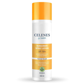 celenes sunscreen spray bottle, celenes herbal sunscreen in use Celenes Sunscreen Spray SPF 50+ - All Skin Types | 150 ml Celenes Sunscreen Spray SPF 50 | 150 ml sunscreen-spray, spf-50, celenes, herbal-sunscreen, all-skin-types, family-sun-care, water-resistant, sun-protection, ai-generated, comfort-application