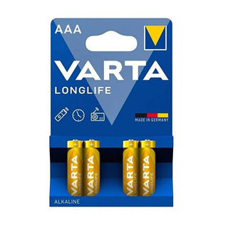 Varta Longlife AAA Alkaline Batteries - 4 Pack, Long-Lasting Energy for Remote Controls, Clocks, and Low-Drain Devices Varta Longlife AAA Batteries - 4 Pack AAA Alkaline Batteries, Longlife Batteries, Varta Batteries, German-made Batteries, Long-lasting Batteries, Remote Control Batteries, Clock Batteries, Low-Drain Batteries, Alkaline Batteries, Battery Pack, Energy Storage, Reliable Energy, Varta Longlife