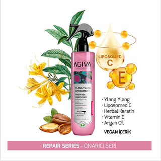Agiva Ylang Ylang Keratin Hair Repair & Heat Protectant Spray | Detangling, Styling & Damaged Hair Treatment - 13.53 fl oz Agiva Ylang Ylang Keratin Hair Repair Spray | Heat Protection hair repair spray, keratin hair treatment, heat protectant spray, detangling hair spray, ylang ylang hair product, hair styling spray, damaged hair treatment, fön suyu, hair care, leave-in hair conditioner, hair treatment, hair spray, hair detangler, heat protection, styling spray, ylang ylang, herbal keratin, two-phase formu