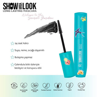 Show by Pastel 24H Long Lasting Volume Mascara, Close-up of Show Your Look Mascara brush, Mascara packaging from Secret Garden collection Show by Pastel 24H Long Lasting Volume Mascara - Extra Volume and Long-Lasting Effect for Makeup Users | 0.3 fl. oz. Show by Pastel 24H Long Lasting Volume Mascara mascara, makeup, cruelty-free, vegan, long-lasting, water-resistant, plant-extracts, volumizing, beauty, ai-generated