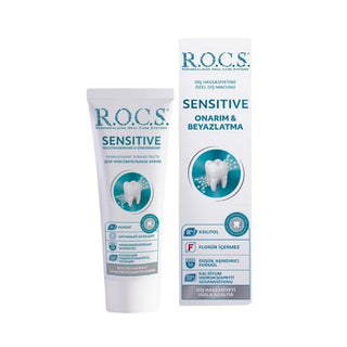 rocs sensitive repair whitening toothpaste, front view of rocs toothpaste tube, back view of rocs sensitive repair toothpaste R.O.C.S. Sensitive Repair & Whitening Toothpaste - 75 ml ROCS Sensitive Repair & Whitening Toothpaste | 75 ml rocs, sensitive-toothpaste, tooth-whitening, oral-care, sensitive-teeth, adult-toothpaste, natural-toothpaste, remineralizing, sensitive-teeth-sufferers, ai-generated
