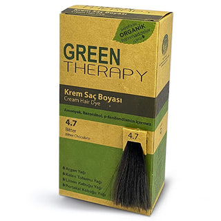 green therapy hair color cream 4.7 bitter packaging, before and after using green therapy hair color, application of green therapy hair color cream Green Therapy Hair Color Cream 4.7 Bitter - Argan Oil Enriched for Damaged Hair | 5.1 fl oz Green Therapy Hair Color Cream 4.7 Bitter - Nourishing Formula green-therapy, hair-color, krem-sac-boyası, argan-oil, damaged-hair, natural-tones, nourishing-hair-care, PPD-free, ammonia-free, ai-generated