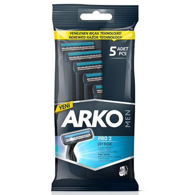 Arko Men Pro: Double Blade Razor 5-Pack for Sensitive Skin - Close, Comfortable Shave with Lubricating Strip & Ergonomic
