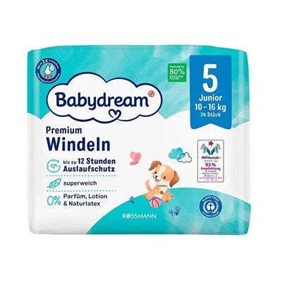 Babydream: Size 5 Baby Diapers, 34 Count - Hypoallergenic, Overnight Protection, Sensitive Skin, Absorbent, Leakproof In