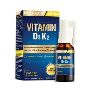 Nutraxin Vitamin D3K2 Supplement Spray - 1000 IU Vitamin D3 & 25 mcg Vitamin K2 per Spray, Allergen-Free, Bone Health Support, 30ml Nutraxin Vitamin D3K2 Spray - Bone Health Support Vitamin D3K2 supplement, spray vitamin supplement, bone health support, calcium regulation, allergen-free vitamin supplement, health-conscious individuals, adults with dietary restrictions, easy vitamin supplementation, olive oil supplement, gluten-free, soy-free, corn-free, synthetic additive-free, 30ml supplement