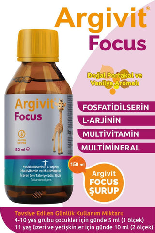 Argivit Focus: Kids Multivitamin Syrup for Enhanced Focus & Cognitive Support - L-Arginine, Phosphatidylserine, Vitamins & Minerals - Delicious Orange Flavor Argivit Focus: Kids Multivitamin for Focus & Cognitive Support multivitamin syrup, children's vitamins, focus supplement, L-Arginine supplement, phosphatidylserine supplement, vitamin and mineral supplement, liquid multivitamin, cognitive support vitamins, kids vitamins, children's multivitamin, focus for kids, memory support, immune support, vitamin C