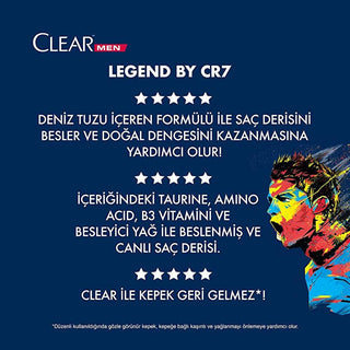Clear Men Shampoo Legend Cristiano Ronaldo Limited Edition - Front View, Clear Men Anti-Dandruff Shampoo - Product Features, Clear Men Shampoo 350ml - Application Clear Men Shampoo Legend by CR7 Cristiano Ronaldo - Anti-Dandruff Formula for Men | 350 ml Clear Men Shampoo by Cristiano Ronaldo - 350ml clear-men-shampoo, cr7-shampoo, anti-dandruff, men-hair-care, nourishing-shampoo, sea-salt-formula, scalp-care, 3zero-tech, men-beauty, ai-generated