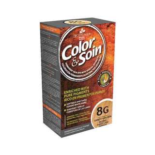 color&soin sandy golden blond hair dye, open packaging of color&soin hair dye, sandy golden blond hair color swatch Color&Soin Sandy Golden Blond Hair Dye - Ammonia-Free | 8G Color&Soin Sandy Golden Blond Hair Dye | 8G hair-dye, sandy-golden-blond, ammonia-free, color-soin, beauty-products, permanent-hair-color, natural-hair-color, vegan-hair-dye, ai-generated, coloring-hair