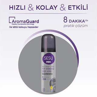 Sesu Men's Hair Removal Cream Spray - 8 Minute Quick Hair Removal, Moisturizing, Dermatologically Tested - 5.07 fl oz Sesu Men's Hair Removal Cream Spray - Quick & Moisturizing men's hair removal cream, hair removal spray for men, dermatologically tested hair removal, moisturizing hair removal cream, easy hair removal for men, hair removal for normal skin, Sesu men's hair removal, 8-minute hair removal, E Vitamin hair removal cream, AromaGuard technology