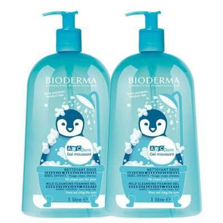 Bioderma Abcderm Foaming Cleanser 2 x 1 litre front view, Bioderma Abcderm Foaming Cleanser 2 x 1 litre back view, Bioderma Abcderm Foaming Cleanser foaming pump in use Bioderma Abcderm Foaming Cleanser - Gentle Baby Cleanser | 2 x 1L Bioderma Abcderm Foaming Cleanser - Gentle & Hypoallergenic bioderma, abcderm-foaming-cleanser, baby-cleanser, gentle-cleanser, hypoallergenic, sensitive-skin, fragrance-free, dermatologically-tested, parents, ai-generated