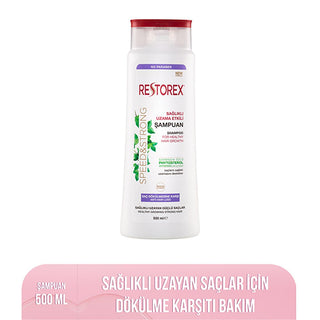 Restorex Hair Growth Shampoo 500 ml bottle, Close up of Restorex Shampoo with natural ingredients, Restorex Shampoo for hair loss prevention Restorex Hair Growth Shampoo - Extra Strength for Hair Loss and Slow Growing Hair | 500 ml Restorex Hair Growth Shampoo 500 ml restorex, hair-growth-shampoo, shampoo-for-hair-loss, healthy-hair-care, natural-ingredients, extra-strength-shampoo, phytosterols, ivy-extract, hair-care-products, ai-generated