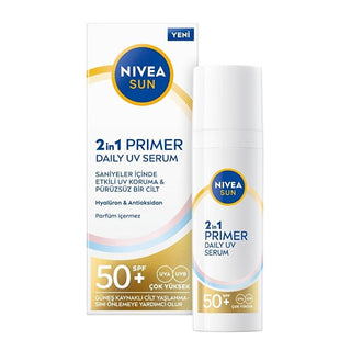 Nivea Sun SPF 50 2-in-1 UV Protection & Smoothing Primer Serum: Anti-Aging, Broad Spectrum Sunscreen with Hyaluronic Acid - Fragrance-Free, Makeup Ready Nivea SPF50 Sunscreen & Primer: UV Protection, Anti-Aging SPF50 sunscreen, UV protection serum, makeup primer with SPF, fragrance-free sunscreen, hyaluronic acid sunscreen, daily sunscreen for face, anti-aging sunscreen, Nivea sunscreen, broad spectrum sunscreen, sunscreen for sensitive skin, sunscreen, primer serum, face serum, skincare, UV protection, mak