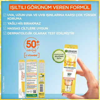 garnier c vitamin bright daily sunscreen fluid in 40ml, garnier sunscreen showing texture and packaging Garnier C Vitamin Bright Daily Sunscreen Fluid - SPF50 | 40ml Garnier C Vitamin Bright Daily Sunscreen SPF50 - 40ml garnier, c-vitamin, sunscreen, spf50, daily-skincare, skin-care, vegan, uv-protection, brightening, ai-generated