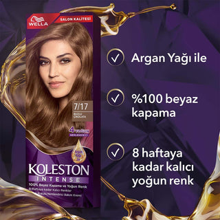 Wella Koleston Intense hair color 7-17 icy chocolate packaging, Application process of Wella Koleston hair dye, Contents of Wella Koleston Intense hair color kit Wella Koleston Intense Hair Color 7/17 Icy Chocolate - 100% Gray Coverage, Moisturizing Formula | 1.7 fl oz Wella Koleston Intense Hair Color 7/17 Icy Chocolate wella-koleston-intense, hair-color, permanent-dye, hair-care, gray-coverage, teenagers, adults, argan-oil, hair-care-products, ai-generated