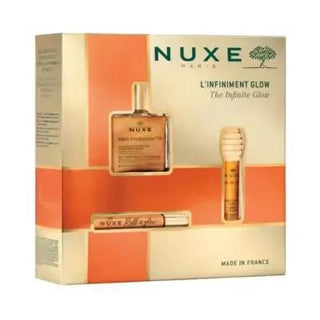 Nuxe Infinite Glow: Skincare Gift Set - Hydrating Dry Oil, Lip Balm & Radiance Enhancer | Nuxe Huile Prodigieuse & Reve de Miel Included Nuxe Gift Set: Radiant Skin w/ Huile Prodigieuse & Lip Balm Nuxe gift set, skincare gift set, beauty gift set, dry oil skincare, lip balm, radiance enhancing skincare, Nuxe Huile Prodigieuse, Nuxe Reve de Miel, moisturizing skincare set, gift set for women, dry oil, skincare, beauty, moisturizing, radiance, lip care, gift for her, gift for women, skincare routine, Nuxe ski