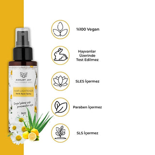 Ashley Joy Hair Lightening Spray: Natural Sun-Kissed Highlights, Chamomile & Lemon for Brown to Blonde Hair, Adds Shine & Repairs (3.72 fl oz) Ashley Joy Hair Lightening Spray - Natural Sun-Kissed Highlights hair lightening spray, natural hair highlights, sun-kissed hair look, chamomile hair lightener, lemon hair spray, aloe vera hair repair, leave-in hair lightener, hair shine spray, natural brown to blonde hair, hair highlighting spray, hair lightener, chamomile extract, lemon extract, aloe vera, brown ha