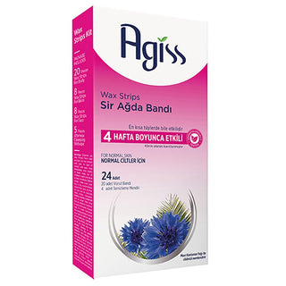 agiss hair removal wax strips, close up of agiss wax strips for body, agiss waxing strips with cleansing wipes Agiss Hair Removal Wax Strips for Legs & Body - Peeling and Moisturizing Formula for Normal Skin | 24 Count Agiss Hair Removal Wax Strips for Body | 24 Strips agiss, hair-removal, wax-strips, body-care, beauty-products, skincare, women, normal-skin, peeling-effect, ai-generated