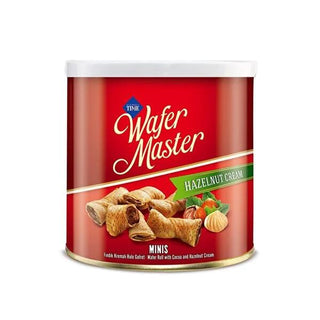 Wafer Master Chocolate Hazelnut Wafer Snack in Tin Can - 120g Wafer Master Chocolate Hazelnut Wafer Snack - 120g wafer snack, chocolate hazelnut cream, tin can packaging, classic wafer flavor, 120g wafer pack, sweet treats, wafer-based snacks, chocolate-hazelnut flavor, snacking, on-the-go snacks, indulgent treats