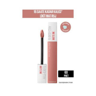 maybelline new york super stay matte ink 60 poet lipstick, maybelline super stay matte ink applicator and lipstick swatch Maybelline New York Super Stay Matte Ink - 60 Poet | 16 Hour Wear Maybelline Super Stay Matte Ink - 60 Poet maybelline, liquid-lipstick, long-lasting, matte-finish, makeup-enthusiasts, young-adults, lip-color, beauty, ai-generated, lipstick