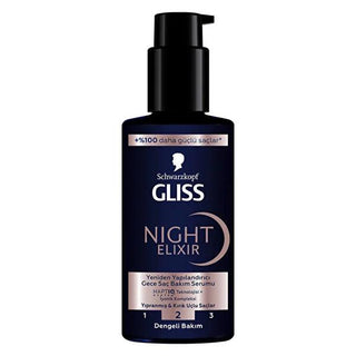 Gliss Night Elixir Hair Repair Serum - Overnight Treatment for Damaged Hair, 3.38 fl oz Gliss Night Elixir Hair Repair Serum - 3.38 fl oz Hair repair serum, Overnight hair treatment, Damaged hair repair, Broken hair ends repair, Gliss Night Elixir, Hair care, Hair treatment, Repair serum, Overnight repair, Hair restructuring, HAPTIQ Sistem Teknolojisi, İyonik Kompleks, Long-lasting fragrance, Quick absorption, Hair health, Hair nourishment