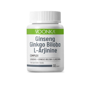 Voonka Ginseng Ginkgo Biloba L-Arginine Supplement - 32 Capsules, Natural Energy & Cognitive Support Voonka Ginseng Ginkgo Biloba L-Arginine - Natural Energy & Cognitive Support Ginseng supplement, Ginkgo Biloba extract, L-Arginine dietary supplement, Herbal nutritional supplement, Natural energy booster, Cognitive support, Heart health supplement, Dietary supplement, Health and wellness, Natural health products, Energy enhancement, Cognitive function improvement