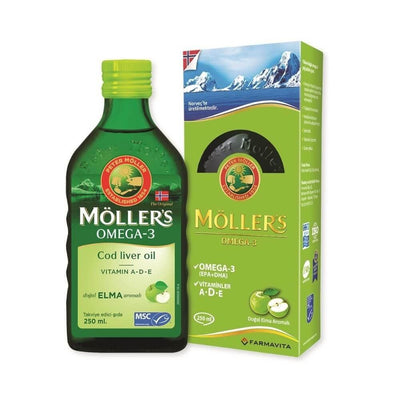 Möller's Cod Liver Oil Supplement with Omega-3, Vitamins A, D, E - Natural Apple Flavor for Heart, Brain Health - 8.45 f