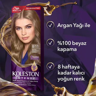 Wella Koleston Intense 8/11 Hair Dye: Extra Light Ash Blonde, 100% Gray Coverage, Long Lasting Color with Argan Oil Wella Koleston Hair Dye: Light Ash Blonde, Gray Coverage hair dye, permanent hair color, gray coverage hair dye, light ash blonde hair dye, Wella Koleston, long lasting hair color, argan oil hair dye, 8/11 hair dye, extra light ash blonde, küllü kumral saç boyası, hair color, hair coloring, hair treatment, women's hair dye, blonde hair dye, ash blonde, light blonde, hair care, beauty, personal