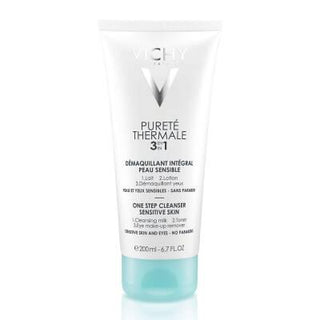 vichy purete thermale 3-in-1 cleanser bottle, vichy 3-in-1 cleanser application on cotton pad Vichy Purete Thermale 3-in-1 Cleanser - Effective Skincare | 200ml Vichy Purete Thermale 3-in-1 Cleanser 200ml vichy, cleanser, skincare, makeup-remover, hydrating-cleanser, daily-cleanser, dermatologically-tested, oil-free, hypoallergenic, ai-generated