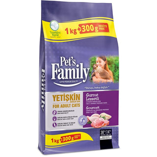 Pet's Family Gourmet Adult Cat Food package, Bowl of Pet's Family cat food, Happy cat enjoying Pet's Family food, Nutritional information of Pet's Family cat food Pet's Family Gourmet Adult Cat Food - Premium Dry Food for Cats | 1300g Pet's Family Gourmet Adult Cat Food - 1300g cats, cat-food, pet-nutrition, adult-cat-food, premium-pet-food, dried-animal-protein, pets-family, healthy-cats, ai-generated, gourmet-cat-food