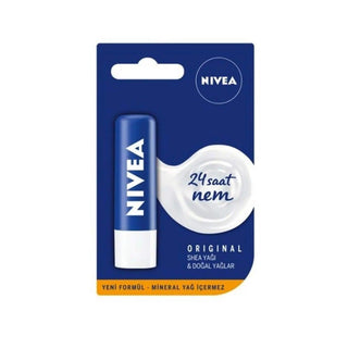 nivea original care lipstick in tube, nivea original care lipstick applied on lips, nivea original care lipstick close-up NIVEA Original Care Lipstick - Shea Butter Formula | 0.17 oz NIVEA Original Care Lipstick - Shea Butter Formula nivea, lipstick, lip-care, shea-butter, moisturizing, hydrating-lip-balm, female, daily-use, beauty, ai-generated