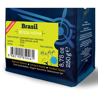 moliendo brazil bossa nova ground coffee packaging, rich hazelnut and chocolate flavor coffee, ground coffee beans from cerrados de minas Moliendo Brazil Bossa Nova Ground Coffee - 250g | Filter Coffee Moliendo Brazil Bossa Nova Ground Coffee 250g moliendo, brazil-bossa-nova, ground-coffee, gourmet-coffee, coffee-lovers, arabica, filter-coffee, premium-coffee, flavored-coffee, ai-generated