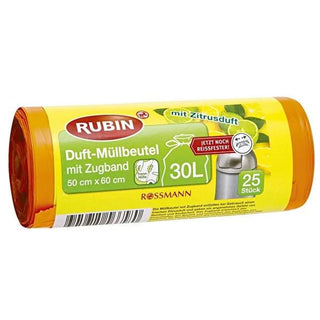 Rubin Lemon Scented Trash Bags 30L, 50x60cm, Pack of 25 - Durable Drawstring Waste Bags Rubin Lemon Scented Trash Bags 30L - Fresh & Hygienic Waste Disposal Trash Bags, Lemon Scented Trash Bags, 30 Liter Trash Bags, Drawstring Trash Bags, Rubin Trash Bags, Household Cleaning, Waste Disposal, Hygiene Products, Kitchen Essentials, Bathroom Essentials, Office Supplies