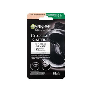 garnier charcoal caffeine depuffing eye mask packaging, user applying garnier charcoal caffeine eye mask, close-up of garnier charcoal caffeine eye mask ingredients Garnier Charcoal Caffeine Depuffing Eye Mask | 5 g Garnier Charcoal Caffeine Eye Mask - Depuffing & Refreshing garnier, eye-mask, charcoal-mask, caffeine, depuffing, skincare, cosmetic, hydration, under-eye, ai-generated