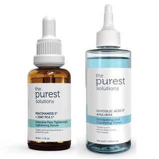 The Purest Solutions Skincare Set: Pore Tightening Serum & Exfoliating Toner - Reduce Enlarged Pores, Even Skin Tone - Niacinamide, Glycolic Acid, AHA BHA The Purest Solutions Skincare: Pore Tightening & Exfoliating pore tightening serum, exfoliating toner, Niacinamide serum, Glycolic acid toner, AHA BHA toner, uneven skin tone treatment, enlarged pores, skin clarifying, The Purest Solutions, skincare set, skincare, toner, serum, Niacinamide, Glycolic acid, AHA, BHA, Salicylic acid, Hyaluronic acid, pore mi