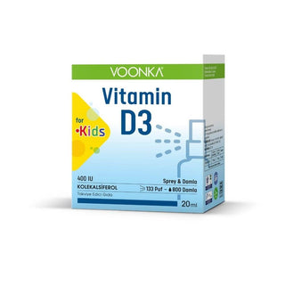 Voonka Vitamin D3 400 IU for Kids 20 ml - Boosts Bone, Muscle, and Immune System Health Voonka Vitamin D3 for Kids - Boosts Bone & Immune Health Vitamin D3 for kids, children's health supplement, dietary supplement for children, Vitamin D3 400 IU, kids nutritional supplement, bone health, muscle health, immune system support, drop format, spray format, 4-10 years age range, daily health maintenance, immune function support