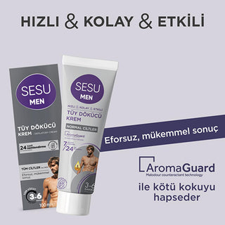 Sesu Men's Hair Removal Cream for Sensitive Skin - 3-6 Minute Quick Hair Removal, Dermatologically Tested, Vitamin E Enriched - 3.38 fl oz Sesu Men's Hair Removal Cream - Quick & Gentle men's hair removal cream, depilatory cream for men, sensitive skin hair removal, easy hair removal, Vitamin E hair removal cream, hair removal for men, men's grooming products, sensitive skin care, quick hair removal, dermatologically tested products