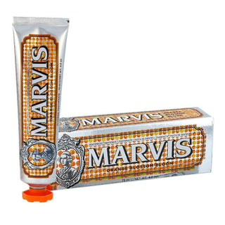 marvis orange blossom bloom toothpaste packaging, closeup of marvis orange blossom toothpaste, marvis toothpaste tube on black background Marvis Orange Blossom Bloom Toothpaste - Refreshing Flavor | 75 ml Marvis Orange Blossom Bloom Toothpaste - 75 ml toothpaste, marvis, orange-blossom, adult-cosmetics, oral-care, fresh-flavor, premium-toothpaste, vegan-friendly, luxury-grooming, ai-generated