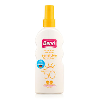 Benri Sensitive & Protection 50 SPF Sunscreen Spray - UVA/UVB Water Resistant Formula for Fair & Sensitive Skin - 150ml Benri SPF 50 Sunscreen Spray - Sensitive Skin UVA/UVB Protection sunscreen for sensitive skin, high spf sunscreen spray, water resistant sunscreen, UVA UVB protection, sunscreen with panthenol and glycerin, sun protection for fair skin, 50 SPF sunscreen, sunscreen, sun protection, sensitive skin, fair skin, panthenol, glycerin, UVA protection, UVB protection, water resistant, moisturizing 