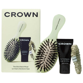 Crown Affair The Slick Back Ritual Set: Frizz Control, Sleek Styles, & Gentle Hold - Includes Mini Brush, Finishing Gel & Silk Scrunchie Crown Affair Slick Back Set: Frizz Control & Sleek Hair! slick back hair set, frizz control hair products, cruelty free hair gel, silk scrunchie for hair, hair styling set, tsubaki seed oil hair, jojoba milk hair products, hair finishing gel, mini hair brush, sleek hairstyle kit, hair set, hair gel, silk scrunchie, mini brush, frizz control, sleek hair, polished hair, tsub