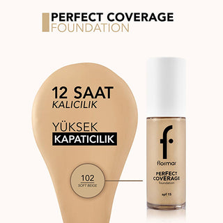 Flormar Perfect Coverage Foundation - Soft Beige (102) - Long-Lasting, SPF 15 Flormar Perfect Coverage Foundation - Soft Beige, SPF 15 Foundation Makeup, Long-lasting Makeup, Flormar Perfect Coverage Foundation, Soft Beige Foundation Shade, SPF 15 Makeup, Natural Ingredients in Makeup, Suitable for All Skin Types Makeup, Makeup for Dry Skin, Makeup for Oily Skin, Makeup for Combination Skin, Makeup for Sensitive Skin, Almond Oil Makeup, Olive Oil Makeup, Long-lasting Foundation, Everyday Makeup, Natural-Loo