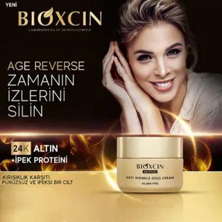 Bioxcin Age Reverse Anti-Aging Gold Cream 50 ml, Close-up of Bioxcin Age Reverse Cream texture, Bioxcin Age Reverse Cream packaging Bioxcin Age Reverse Cream - Anti-Aging Gold Formula | 50 ml Bioxcin Age Reverse Cream - Anti-Aging Gold Formula | 50 ml bioxcin, age-reverse, anti-aging, gold-cream, skincare, wrinkle-reduction, hydrating-cream, luxury-skincare, ai-generated, facial-moisturizer