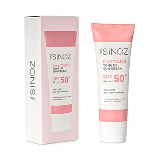 Sinoz SPF50+ Pink Touch Facial Sunscreen: Tone Up & Protect with High Protection, Calamine & PA++++ for Radiant Skin (1.69 fl oz) Sinoz SPF50+ Pink Sunscreen: Tone Up & High Protection SPF 50 sunscreen, pink tone up sunscreen, sunscreen for face, high protection sunscreen, sunscreen with calamine, tone correcting sunscreen, brightening sunscreen, Sinoz sunscreen, sunscreen for all skin types, facial sunscreen, sun protection, UVA/UVB protection, radiant skin, even skin tone, calamine, panthenol, shea butter