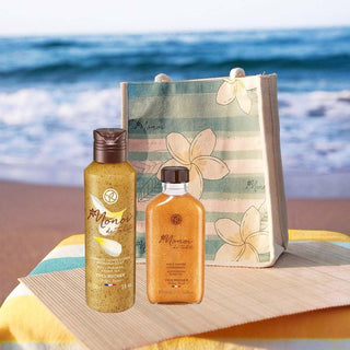 Monoi Luxurious Bath and Body Care Set with Exfoliating Shower Oil, Nourishing Hair and Body Oil, and Canvas Bag Monoi Luxurious Bath Set - Exfoliating & Nourishing Skincare bath and body set, Monoi scented products, luxurious bathing experience, exfoliating shower oil, nourishing hair and body oil, canvas bag gift set, skincare routine products, luxurious skincare, Monoi fragrance, bath and body care, gift sets, skincare essentials