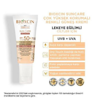 bioxcin colored sunscreen bottle, bioxcin sunscreen application on skin, bioxcin spf 50 sunscreen swatch Bioxcin SPF 50+ Colored Sunscreen - For Spot-Prone Skin | 50 ml Bioxcin SPF 50+ Colored Sunscreen for Spot-Prone Skin bioxcin, sunscreen, spf50, colored-sunscreen, spot-prone-skin, skin-care, sun-protection, anti-aging, moisturizing, ai-generated