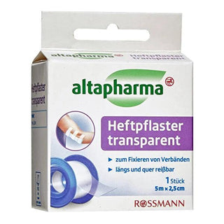 Altapharma Transparent Adhesive Bandage Roll - 5m x 2.5cm, Air-Permeable, Dermatologically Tested for Wound Care Altapharma Transparent Adhesive Bandage Roll - Secure Wound Care transparent adhesive bandage, wound care, bandage securing, dermatologically tested, air-permeable bandage, medical supplies, wound dressing, bandage roll, first aid kit, medical adhesive, transparent bandage, sensitive skin care