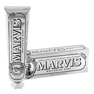 marvis whitening toothpaste cold mint 85 ml, front view of marvis whitening toothpaste, close up of marvis whitening toothpaste Marvis Whitening Toothpaste - Cold Mint | 85 ml Marvis Whitening Toothpaste - Cold Mint | 85 ml marvis, whitening-toothpaste, cold-mint, adults, dental-care, mint-flavor, fluoride-toothpaste, oral-hygiene, fresh-breath, ai-generated