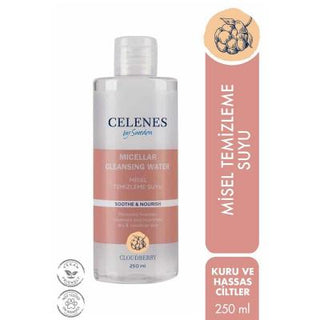 celenes cloudberry micellar water bottle, close up of celnes cloudberry micellar cleansing water Celenes Cloudberry Micellar Cleansing Water - 250 ml Celenes Cloudberry Micellar Water - Cleansing 250 ml celenes, cloudberry, micellar-water, cleansing, sensitive-skin, dry-skin, daily-cleanser, soothing, face-cleanser, ai-generated