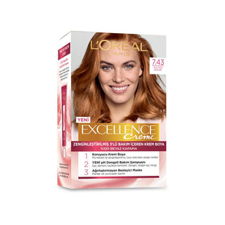 L'Oreal Paris Excellence Creme 7.43: Sultan Copper Hair Dye - 100% Gray Coverage, Long Lasting Color, Pro-Keratin & Ceramide for Hair Protection L'Oreal Copper Hair Dye: Gray Coverage, Long Lasting Color hair dye, hair color, gray coverage hair dye, long lasting hair color, copper hair dye, Loreal hair dye, hair color with keratin, hair color with ceramide, pH balanced hair color, at home hair color, hair coloring, at-home hair dye, gray hair coverage, hair protection, hair nourishment, vibrant hair color, 